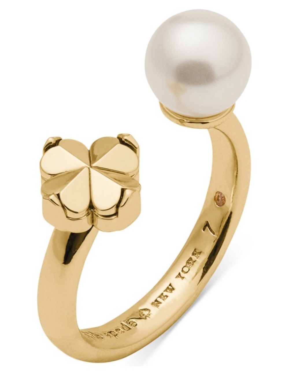 Kate Spade Gold Pearl Open Ring with Clover Motif - White Pearl size 7